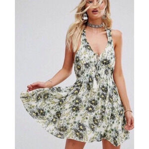 Free People Washed Ashore Green Floral Mini Dress Twist Back Tie Tassel Size XS